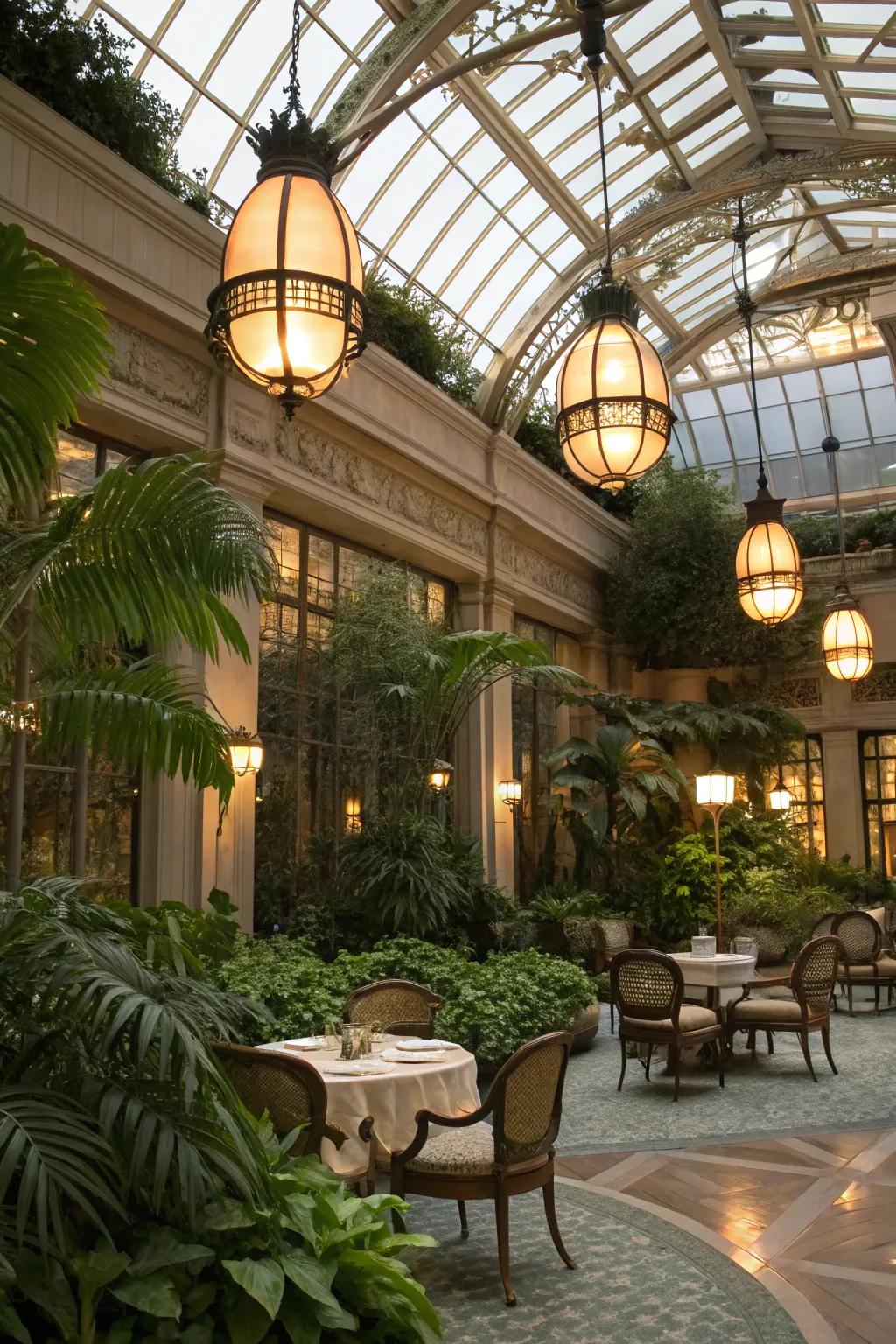 Decorative lighting creating a warm evening ambiance.