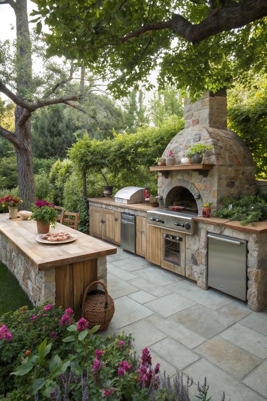 An outdoor kitchen beautifully united with nature