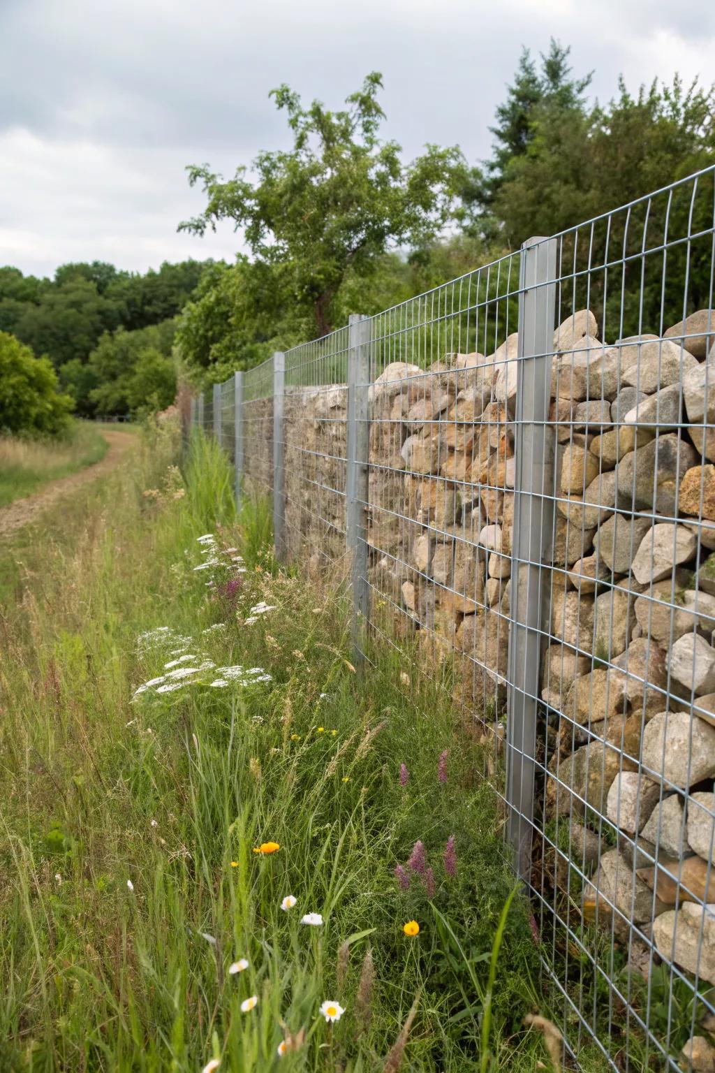 Gabion walls offer a bold and earthy privacy solution.