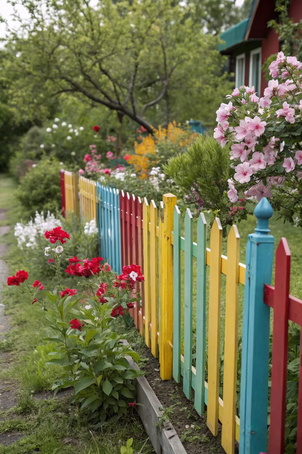 A colorful painted fence adds personality and vibrancy.