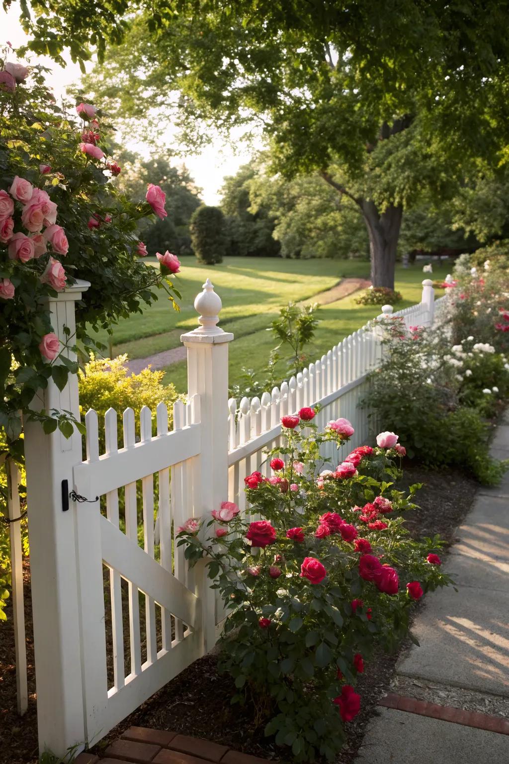 Classic charm meets elegance with a picket fence and roses.