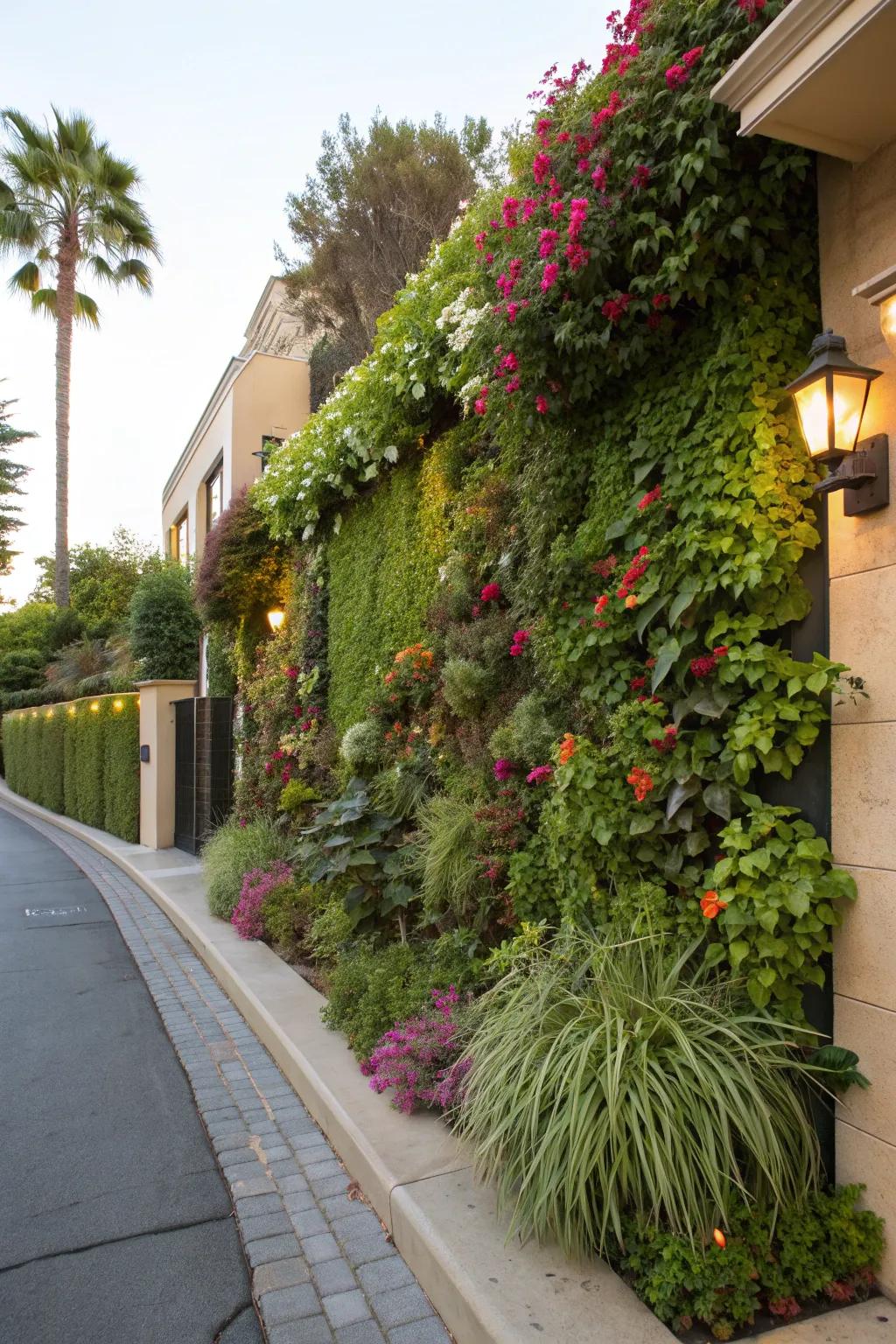A stunning vertical garden adding greenery to a corner lot's structure.
