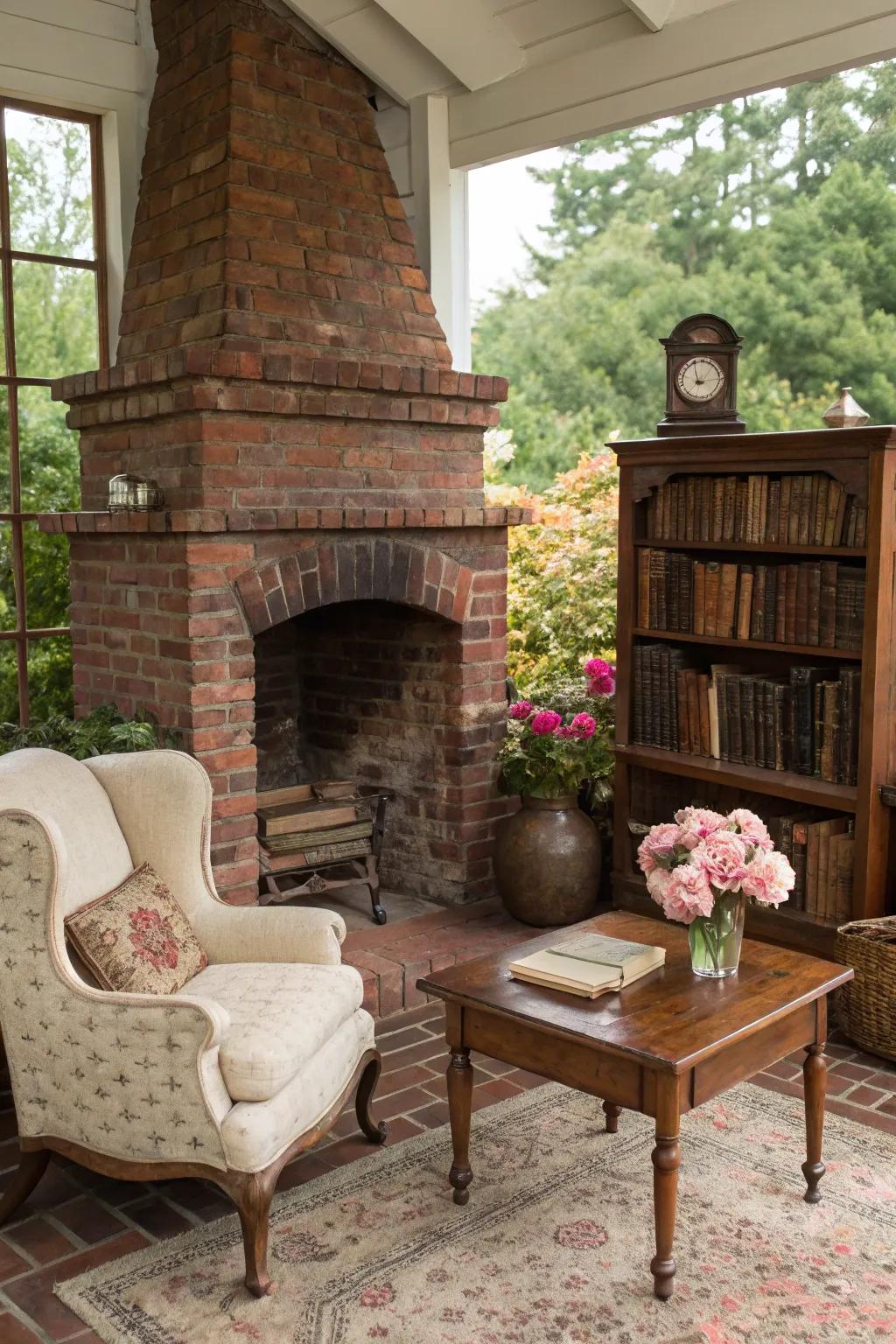 A vintage brick fireplace corner for an elegant outdoor space.