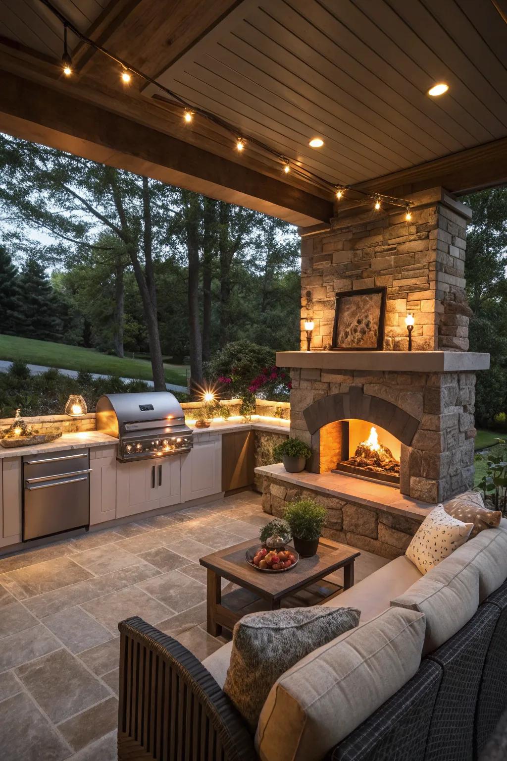 An outdoor fireplace adds warmth and charm to your kitchen.