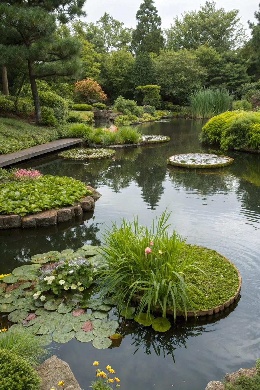 Floating plant islands create a dynamic pond environment.