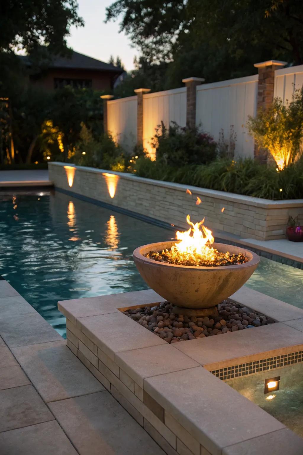 Fire features add warmth and drama to a pool setup.