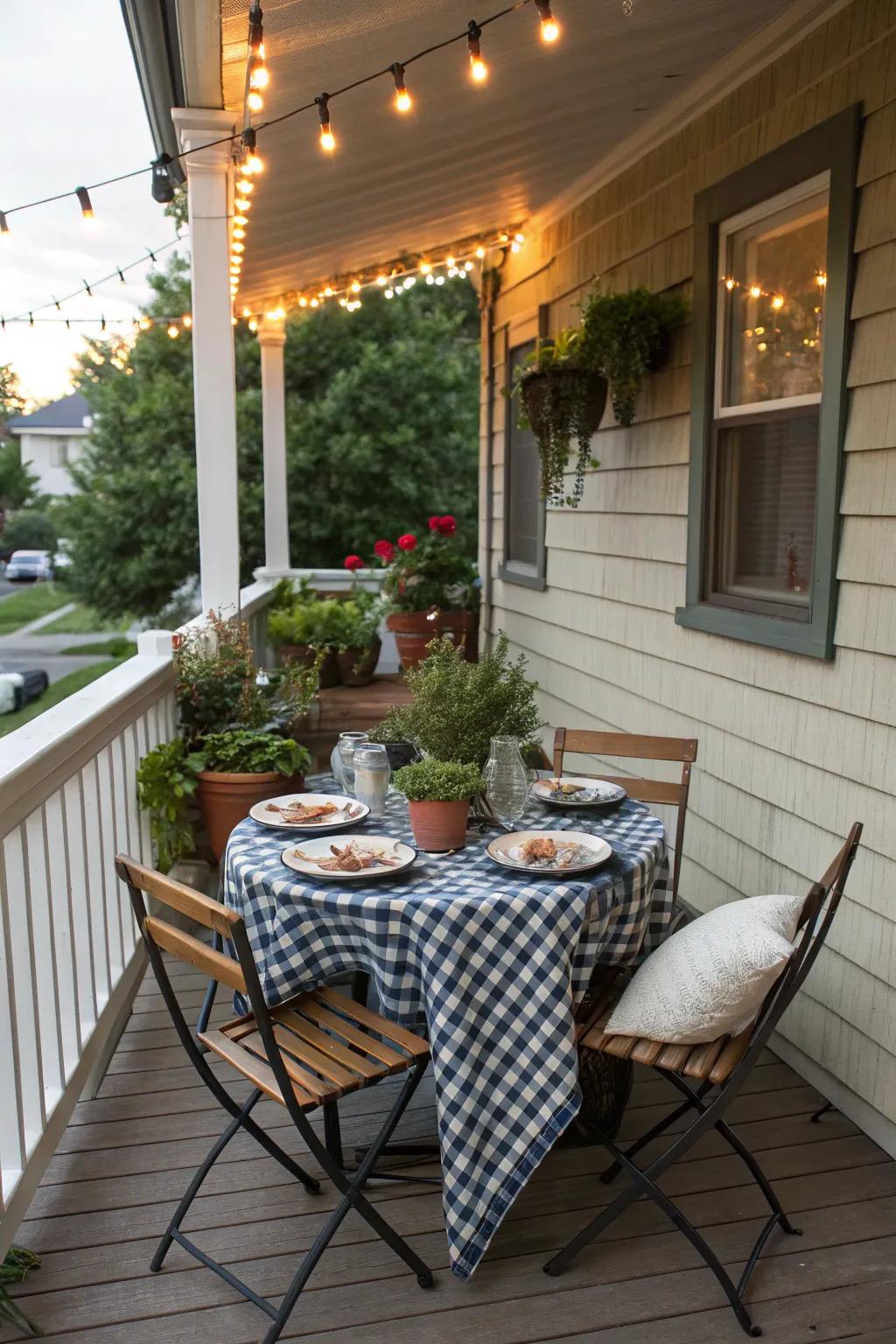 An al fresco dining setup on a corner porch.