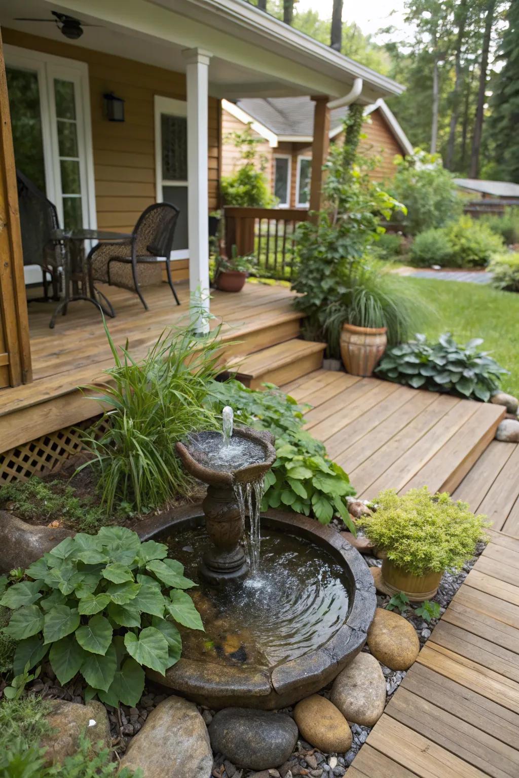 A tranquil water feature adds a calming ambiance to the deck.