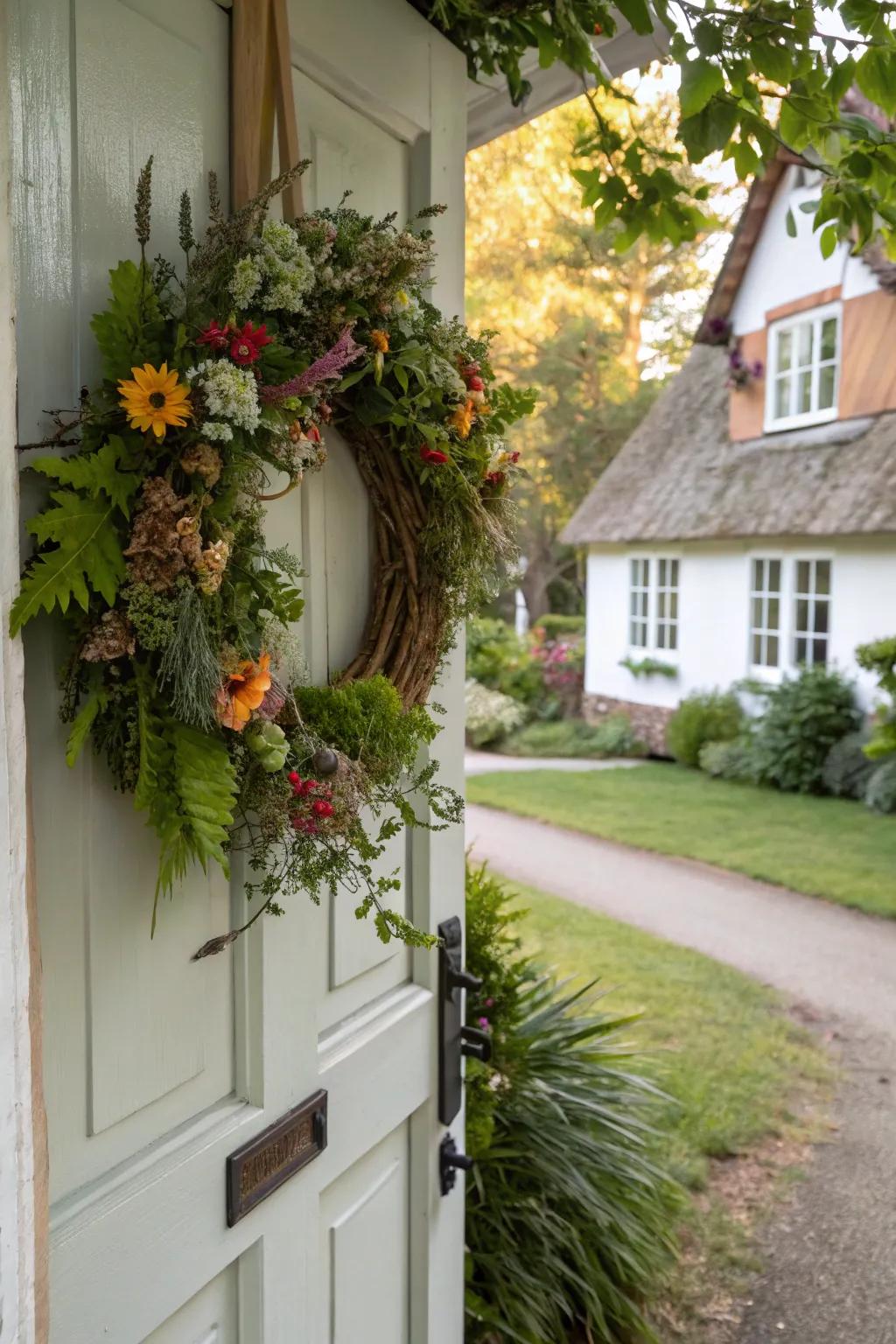 A handmade seasonal wreath graces a cottage door.