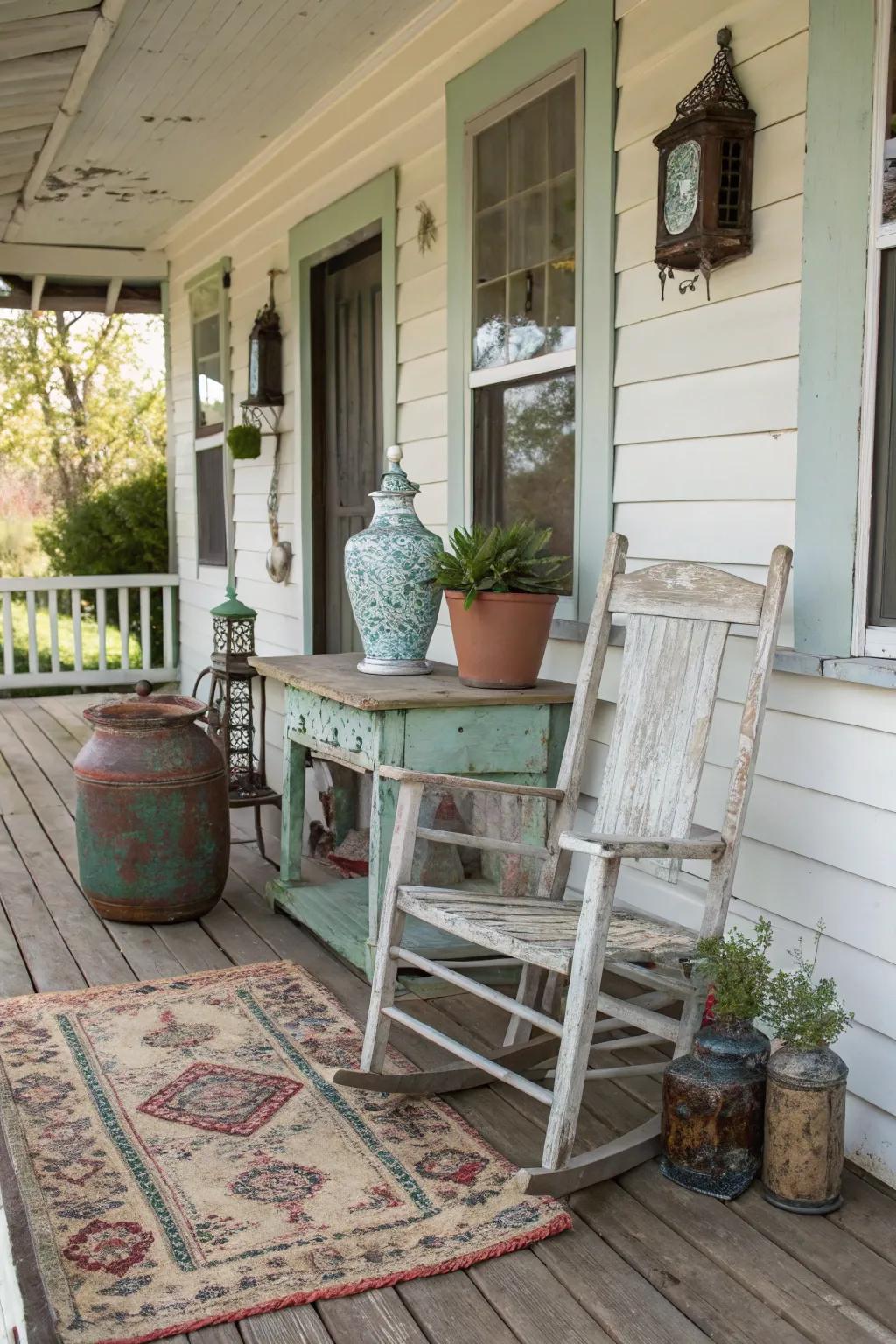 A charming cottage porch with weathered, vintage-style furniture.