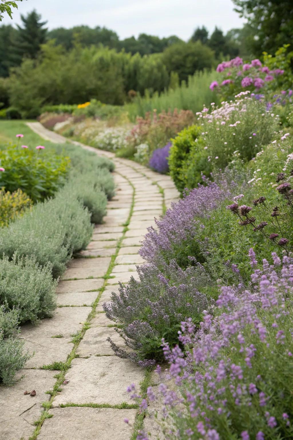 Herbs adding fragrance and charm to a cottage garden path.