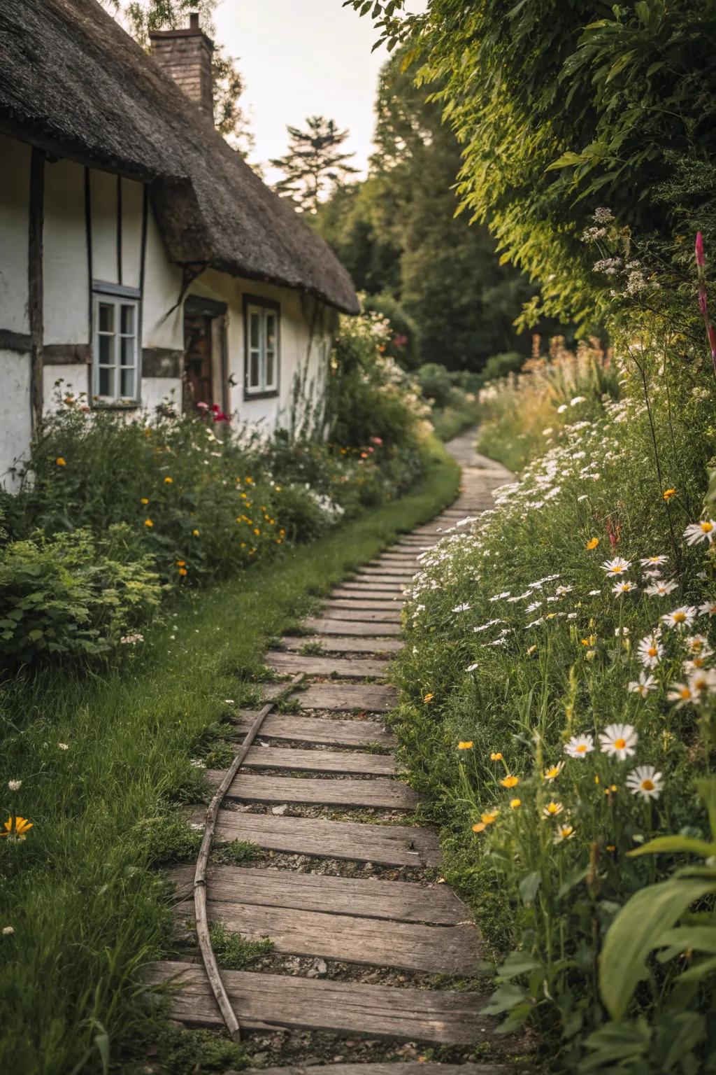 Rustic wood edging adds warmth and charm to garden paths.