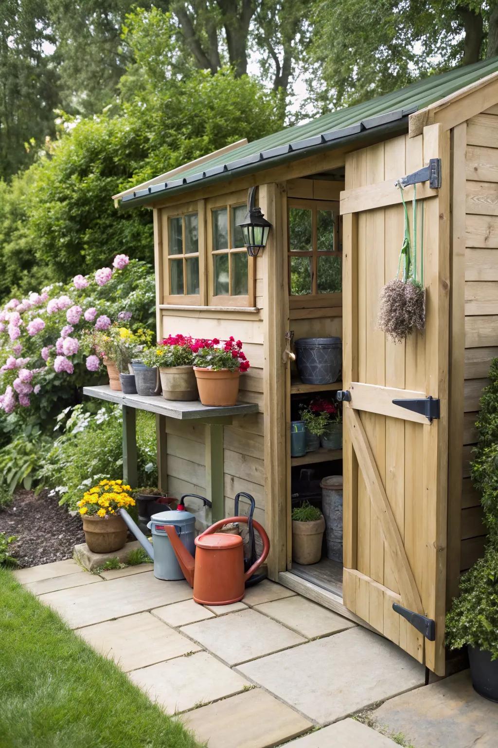 A potting station brings practicality to this charming garden shed.