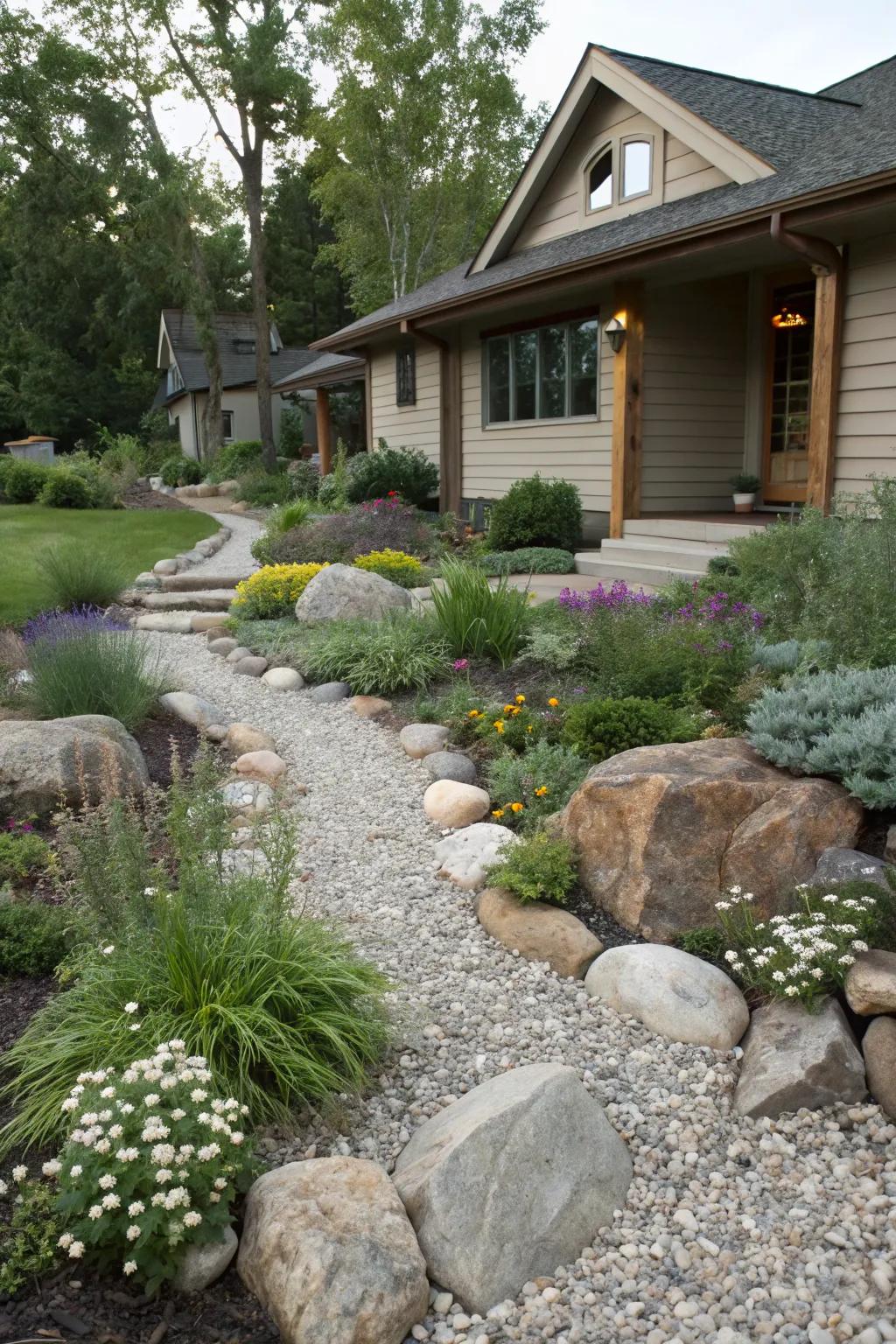 Natural rocks and gravel creating harmony in a cottage-style front yard.
