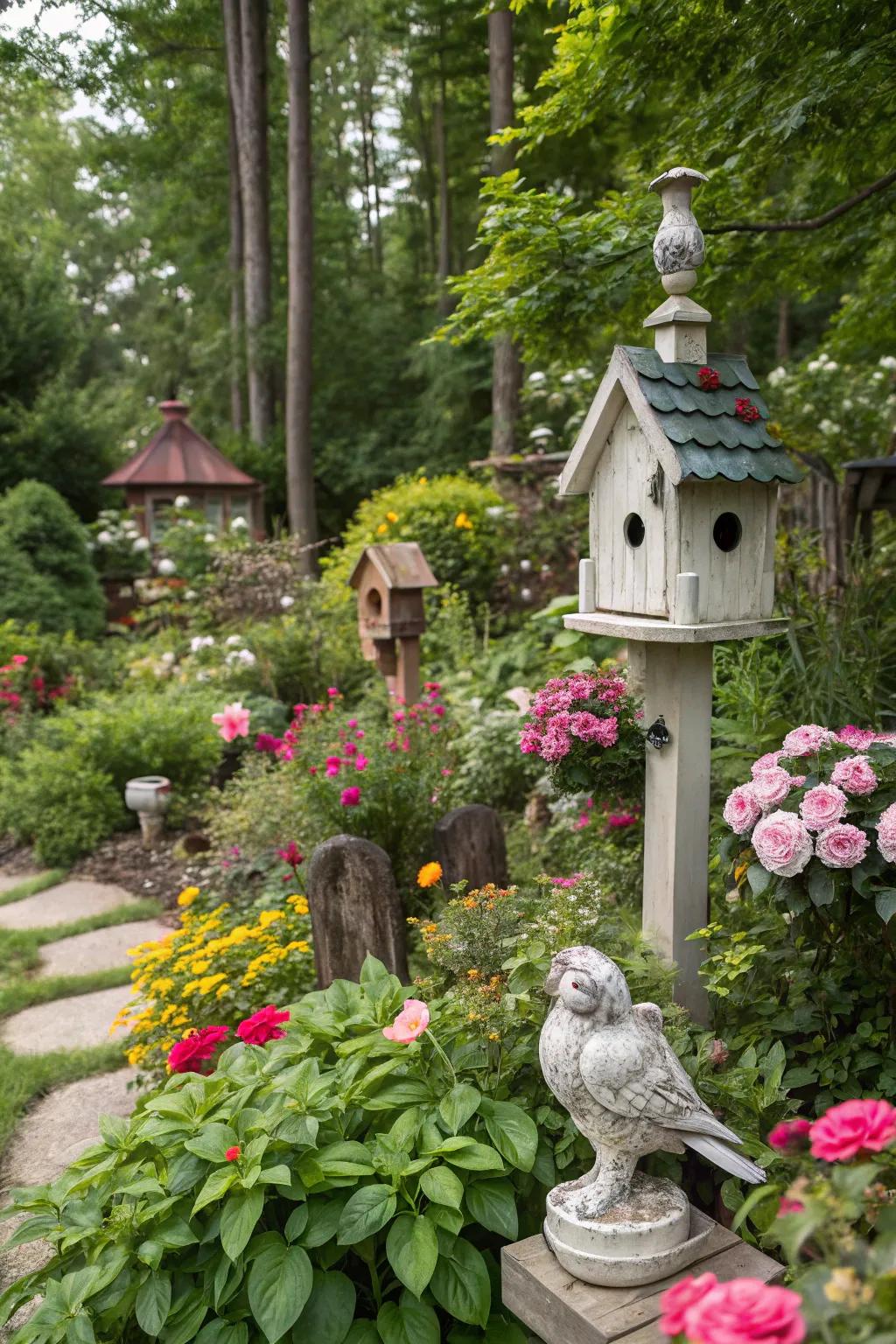 Whimsical garden features add charm and character.