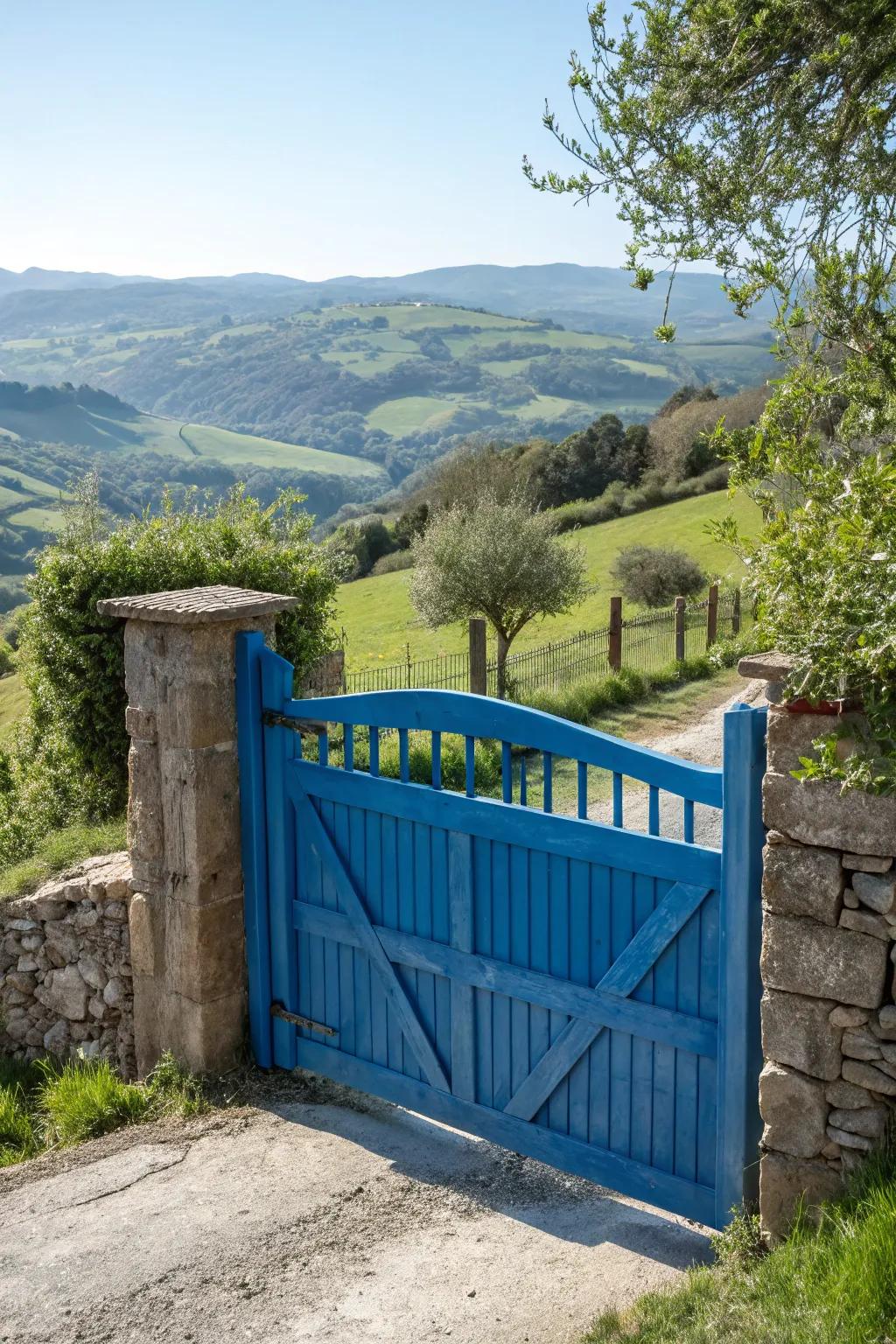 A bold blue gate adding a splash of color to the landscape.