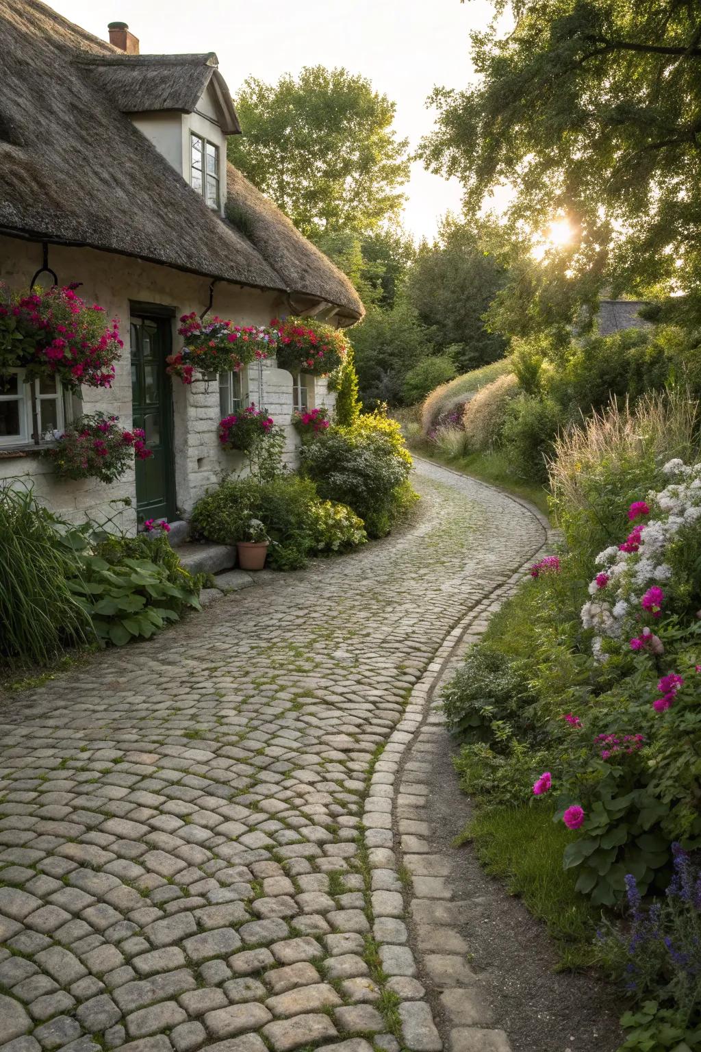 A charming cobblestone driveway leading to a quaint cottage, full of historical allure.