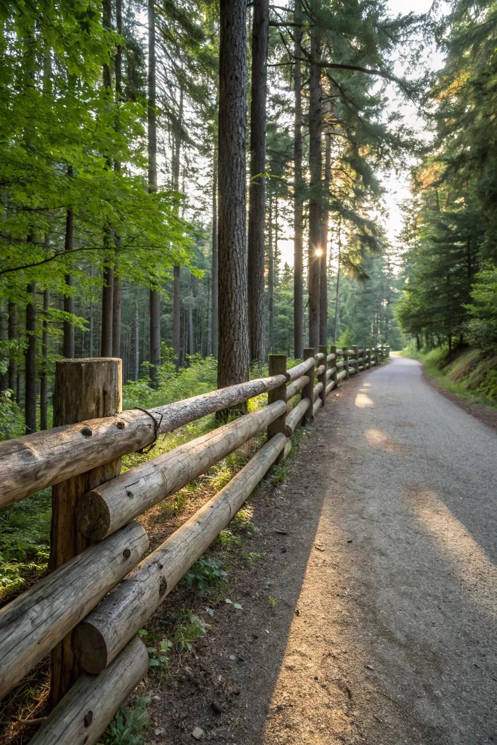 A log fence provides a natural, rustic aesthetic.