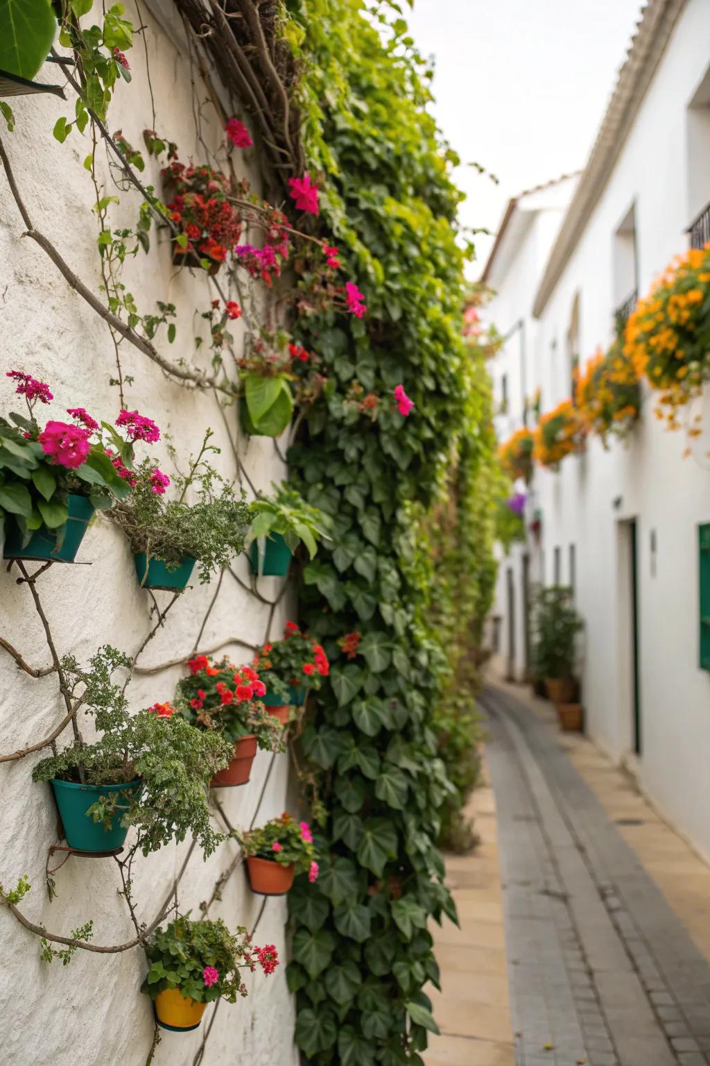 A wall adorned with lush climbing vines and vibrant potted plants.