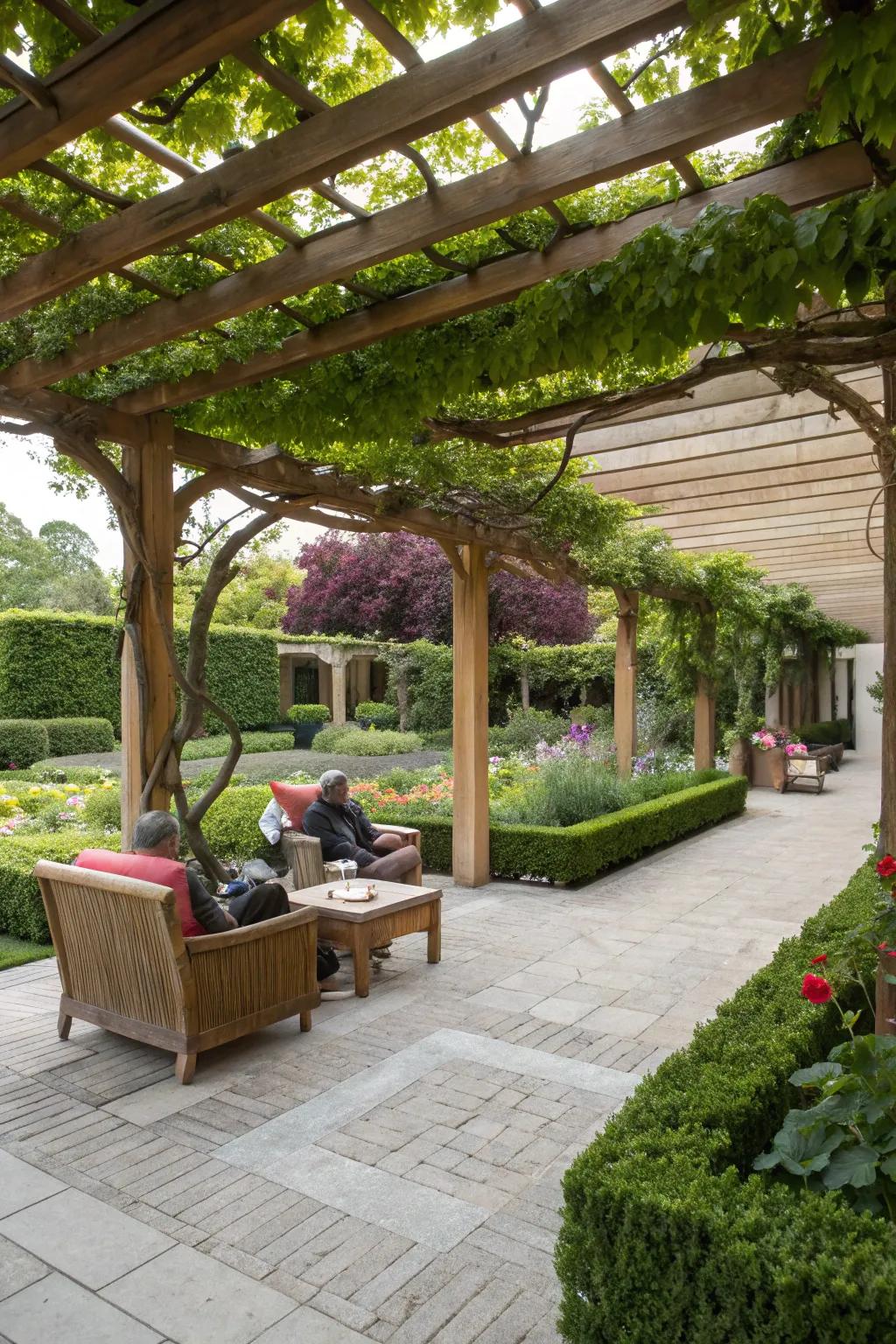 A pergola adds structure and shade, perfect for relaxing under.