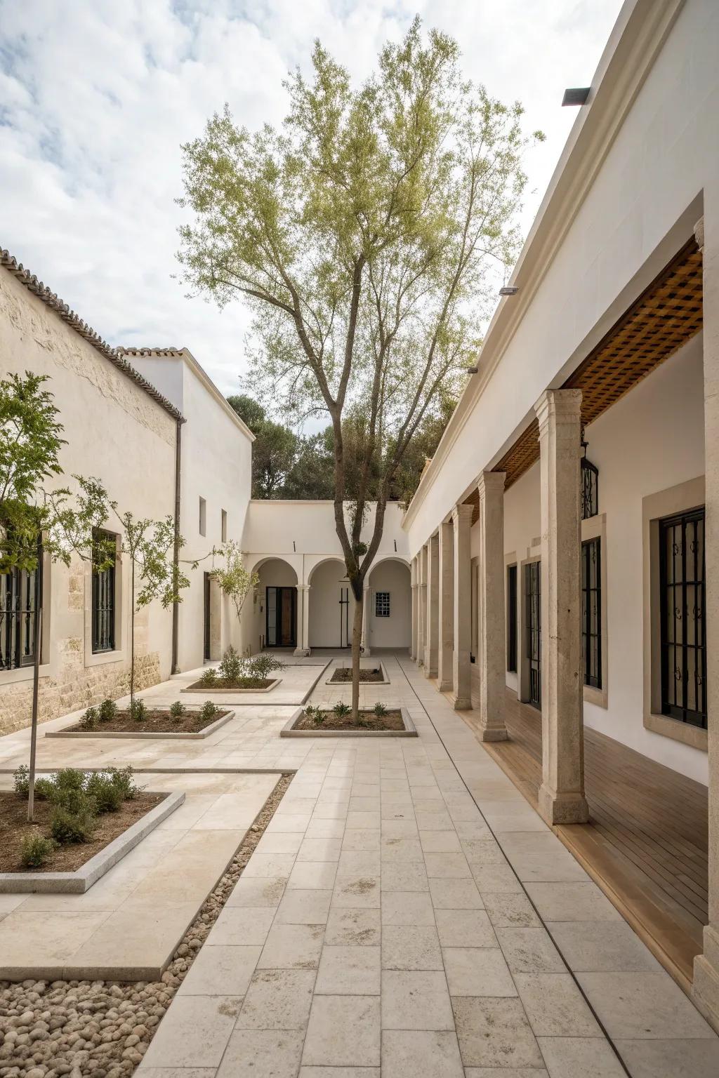 A serene, minimalist courtyard with a modern touch.