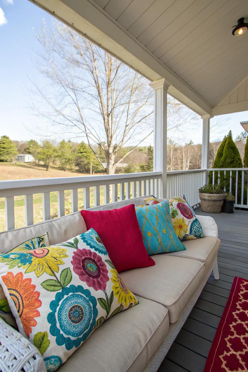 Decorative pillows add comfort and color to deck seating.