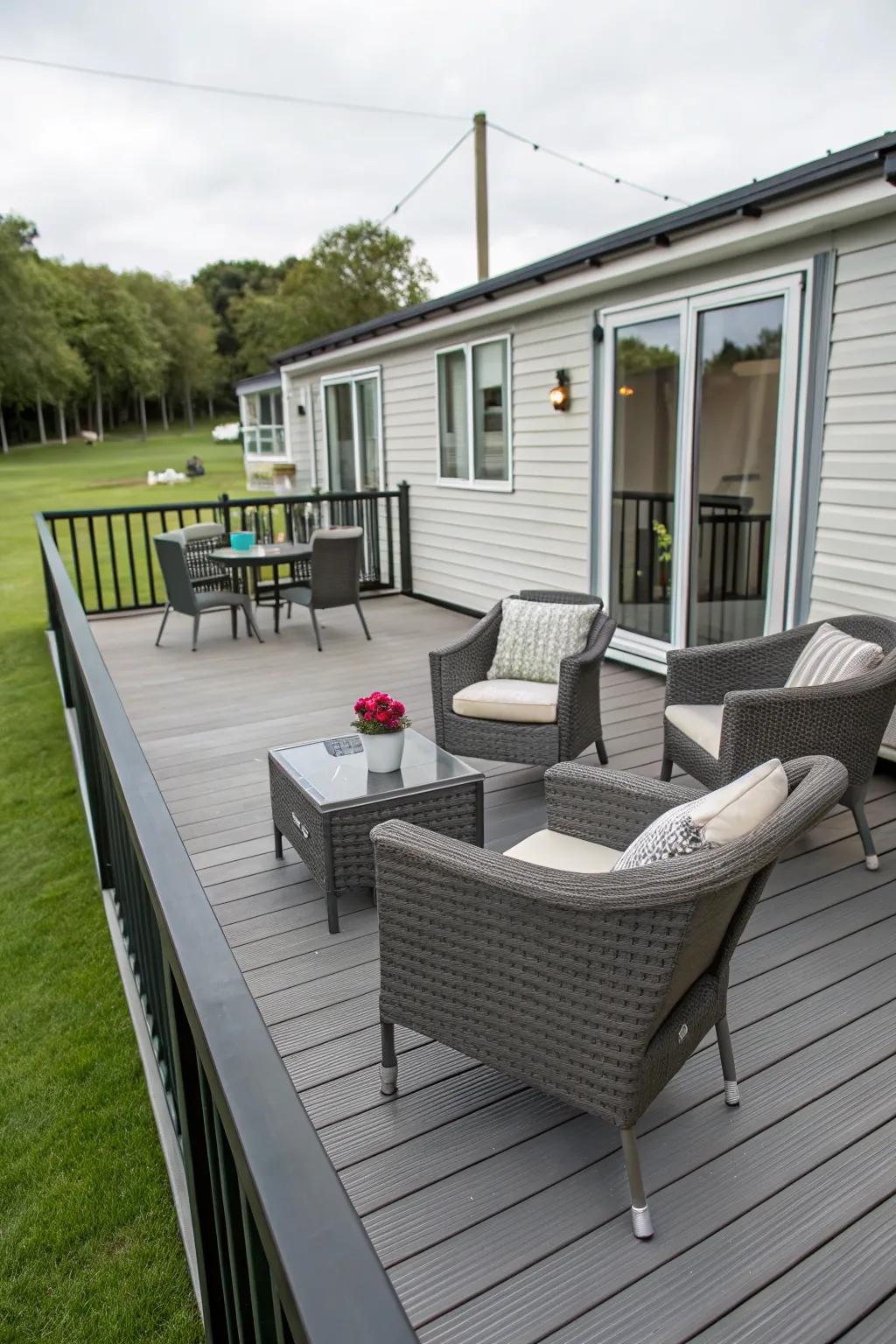 Sleek and maintenance-free deck with composite materials.