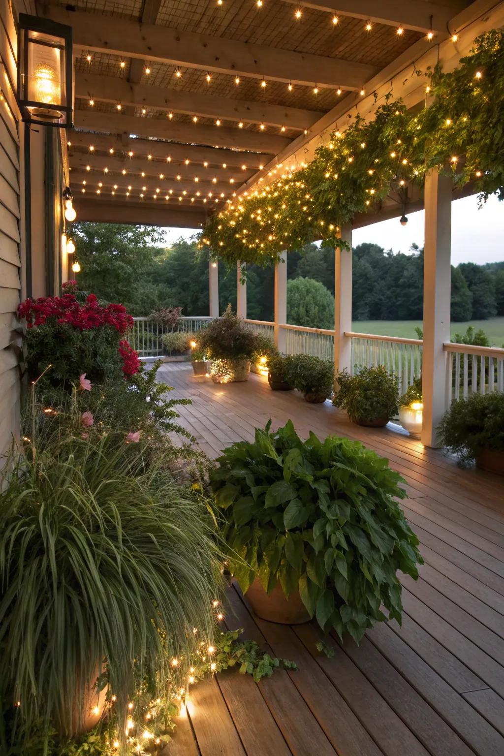 Lighting integrated with plant arrangements creates a natural and inviting atmosphere.