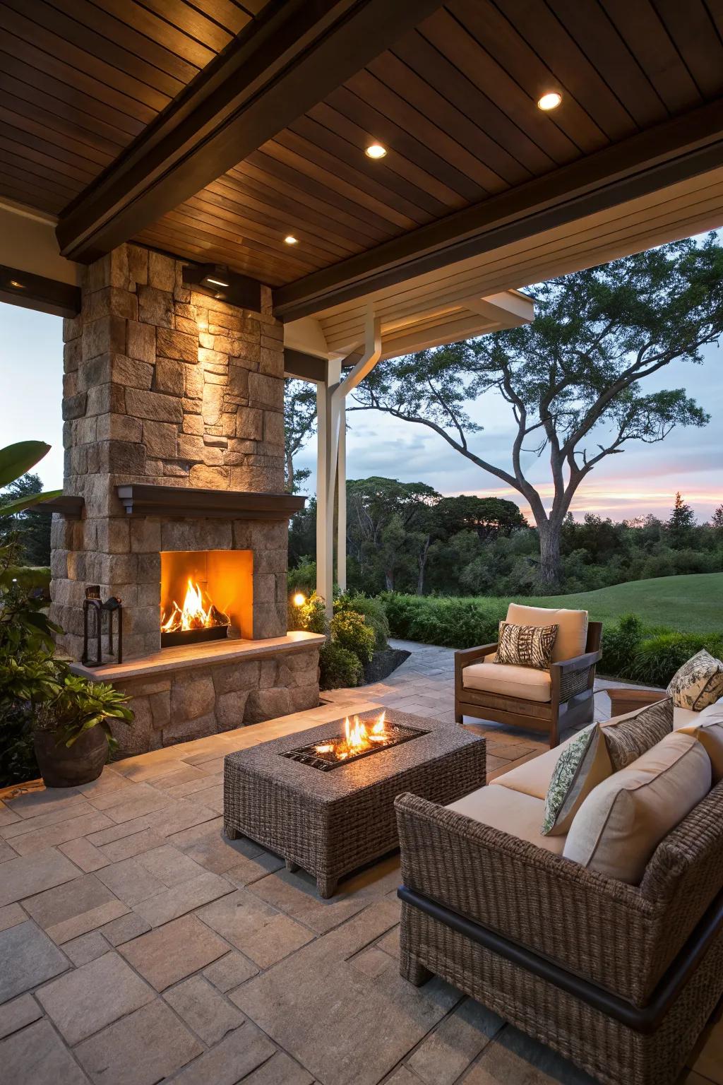 An outdoor fireplace adds warmth to the lanai.