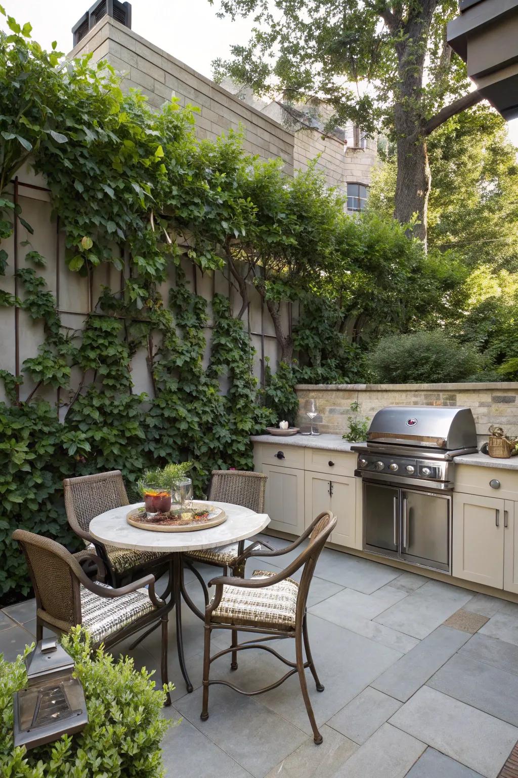 Privacy walls with greenery create an intimate outdoor kitchen atmosphere.