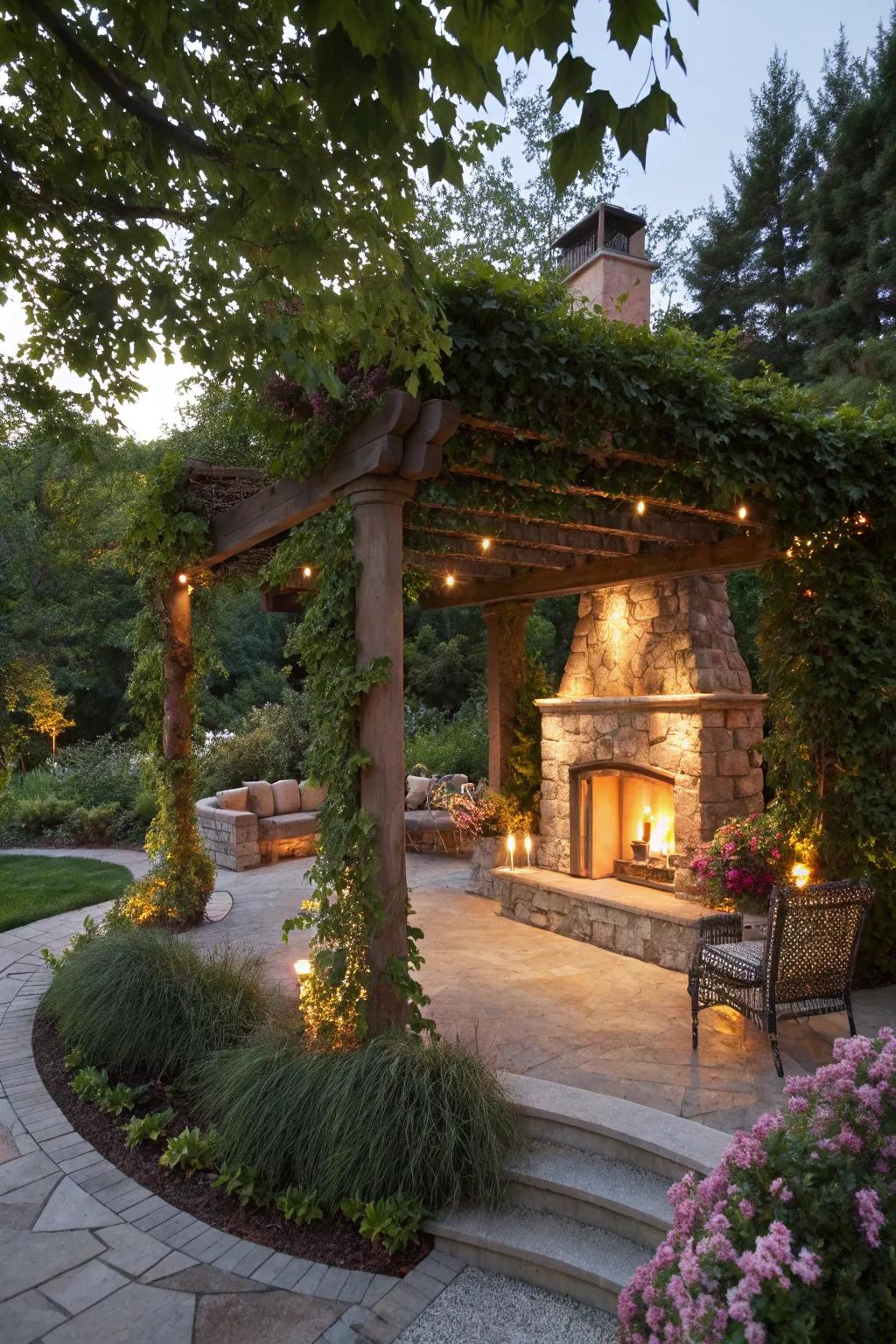 Stay warm and cozy with a pergola featuring a built-in fireplace.