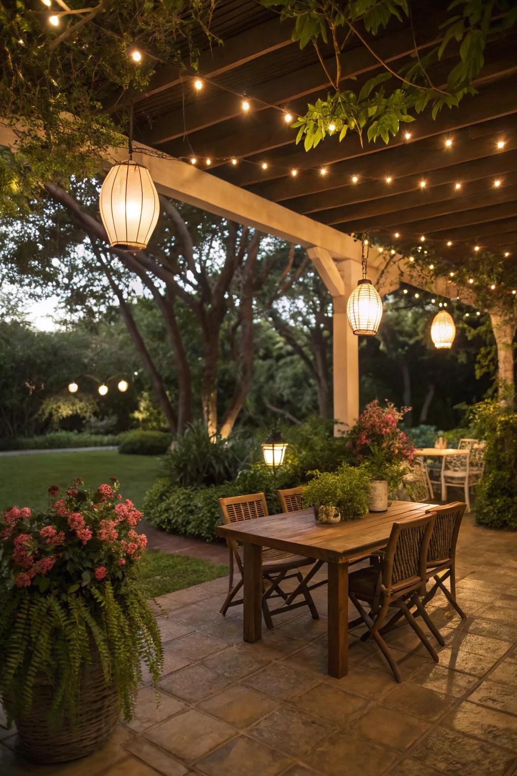 Ambient lighting transforms your patio into a nighttime oasis.
