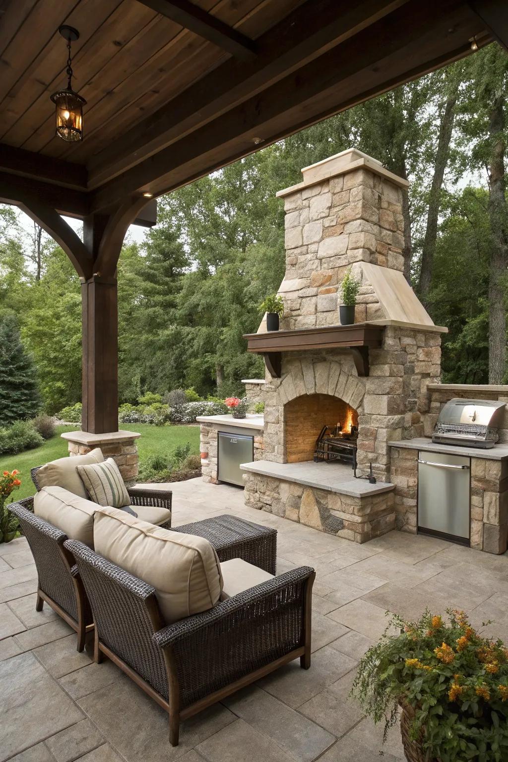 A fireplace adds warmth and a focal point to your outdoor space.
