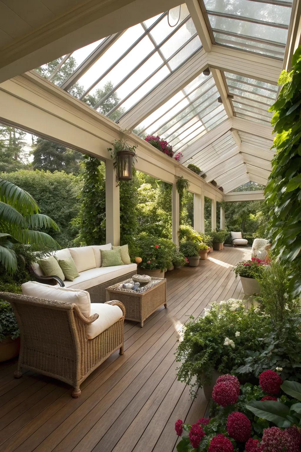 Skylights frame enchanting garden views for a seamless outdoor experience.