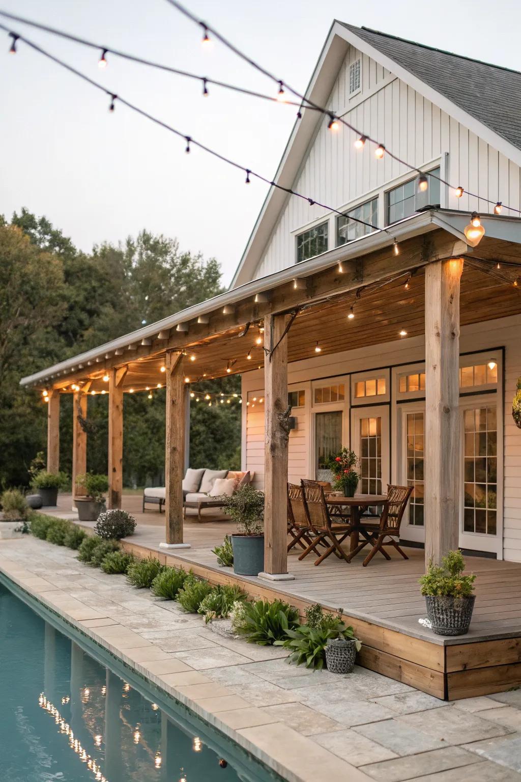 A farmhouse-style veranda exudes charm and comfort.