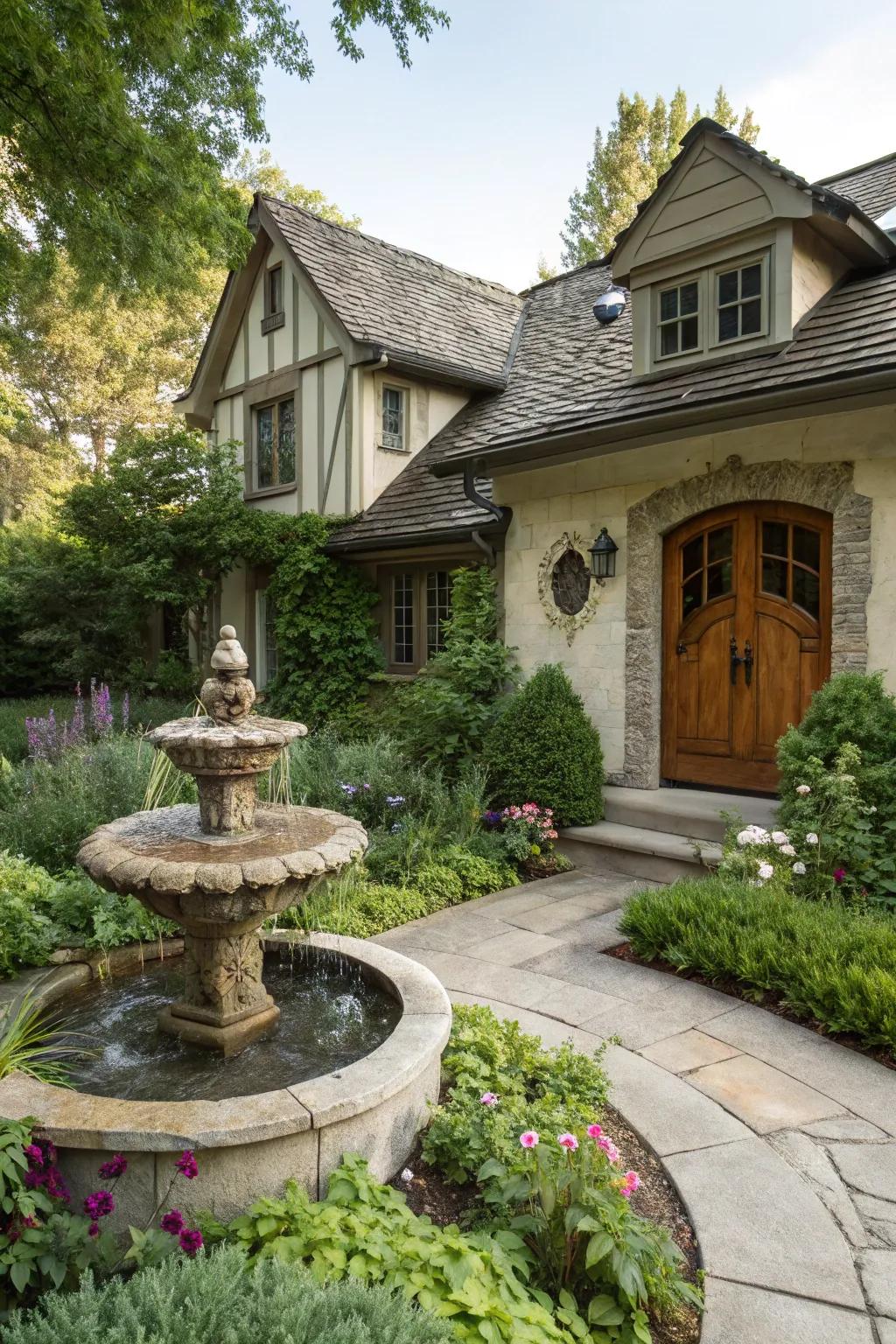 A stone fountain serves as a tranquil focal point in this craftsman house garden.