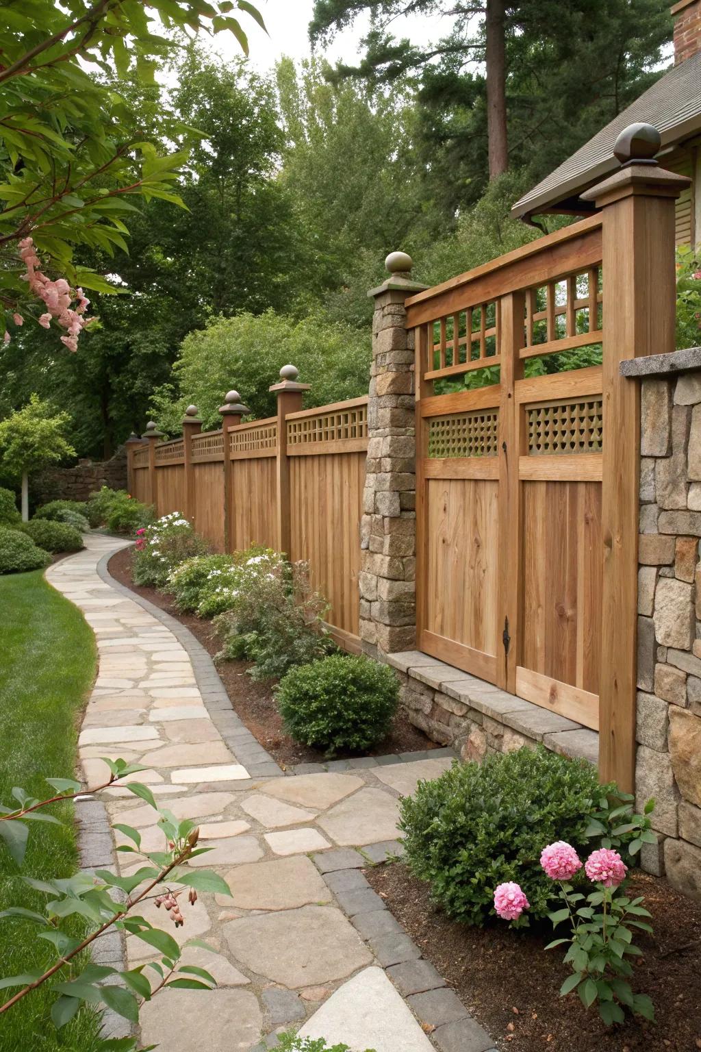 Natural stone elements add a touch of elegance to the craftsman fence.