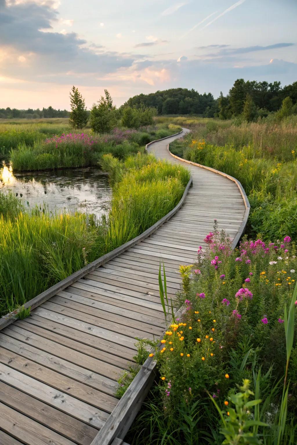 Elegance meets function with a garden boardwalk.