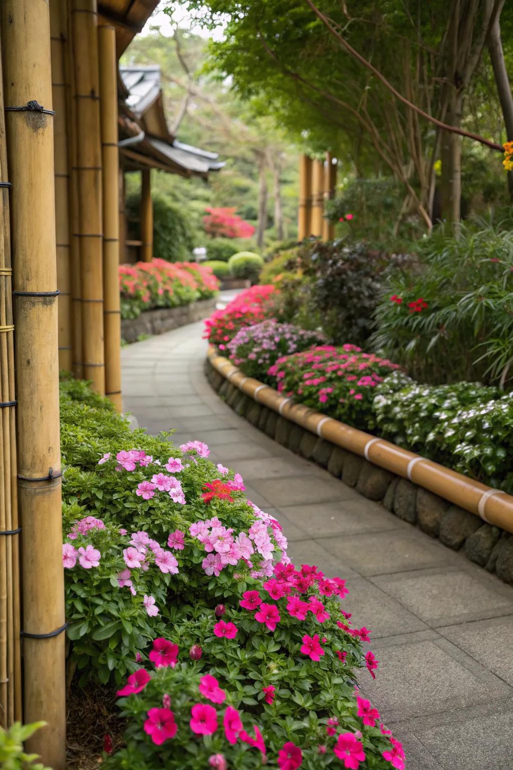 Bamboo accents add an exotic touch to flowerbeds.