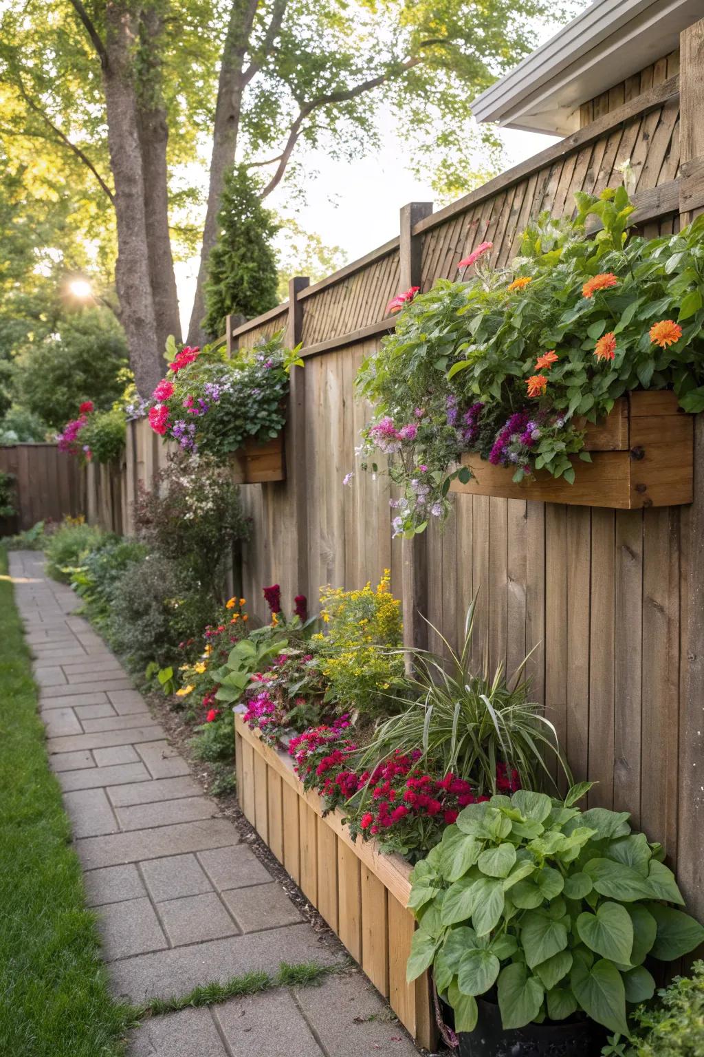 A fence with built-in planter boxes adding lush greenery.