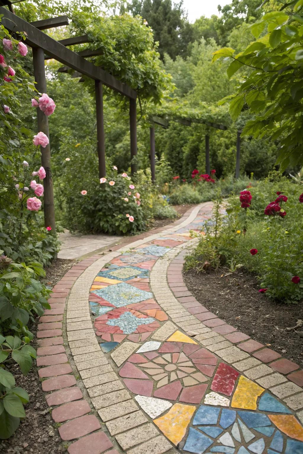 Walk on a masterpiece with a mosaic paver garden path.