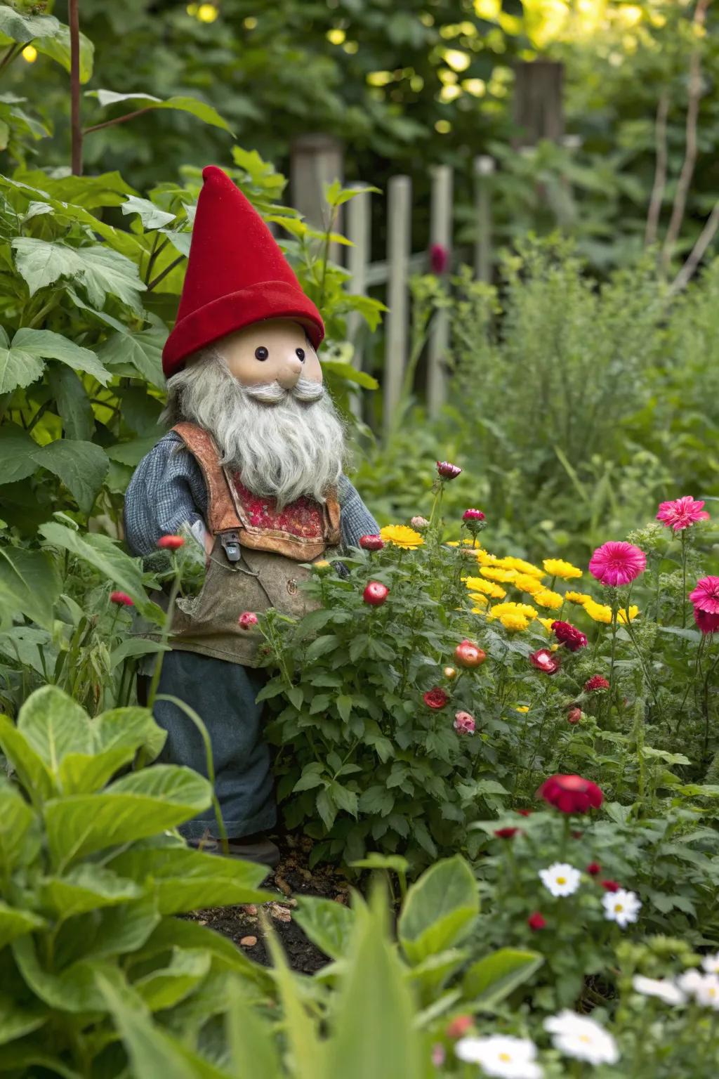 A garden gnome scarecrow bringing whimsy and fun.