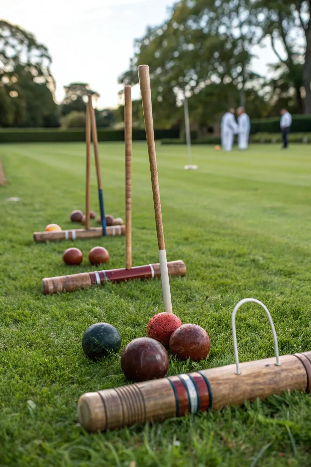 A stylish display of croquet equipment.