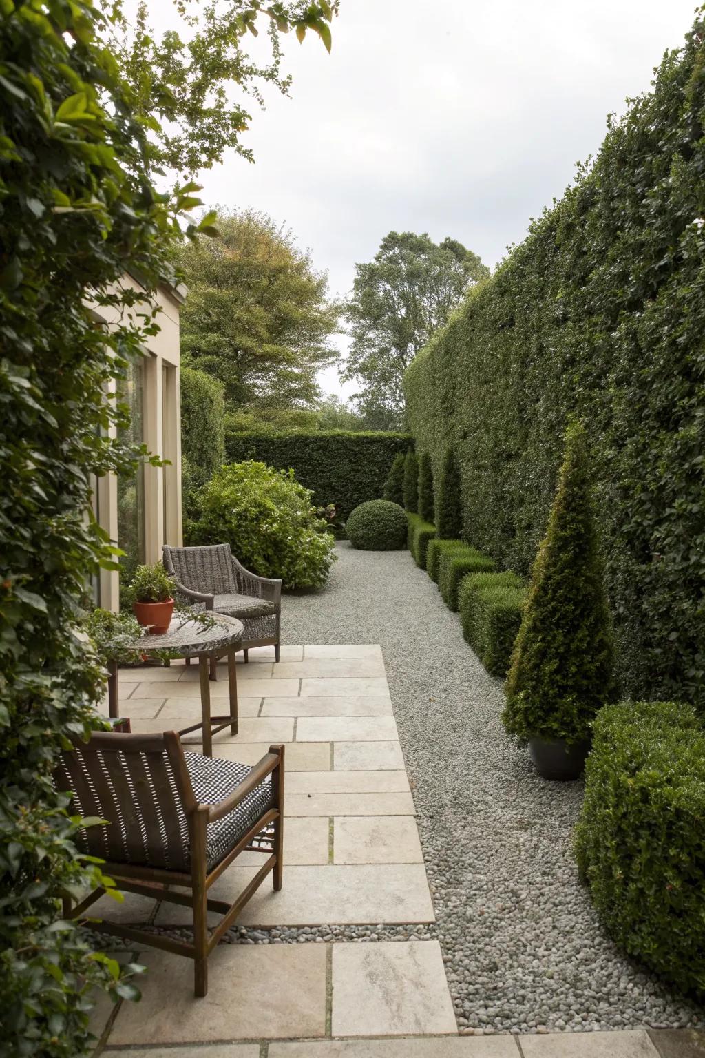 Crushed granite patios with privacy hedges offer a peaceful retreat.