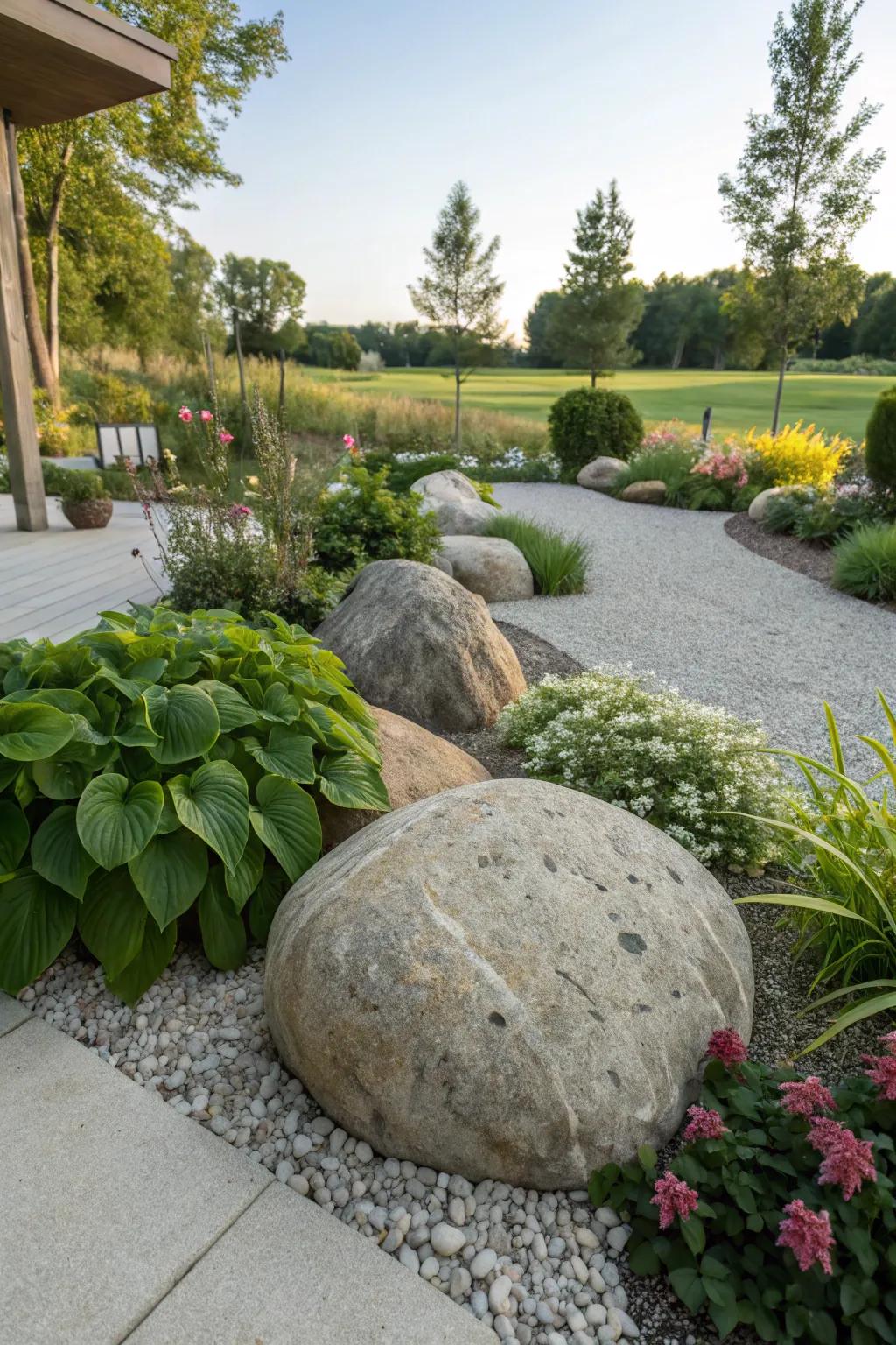 Create dramatic contrasts with crushed stone and large rocks.