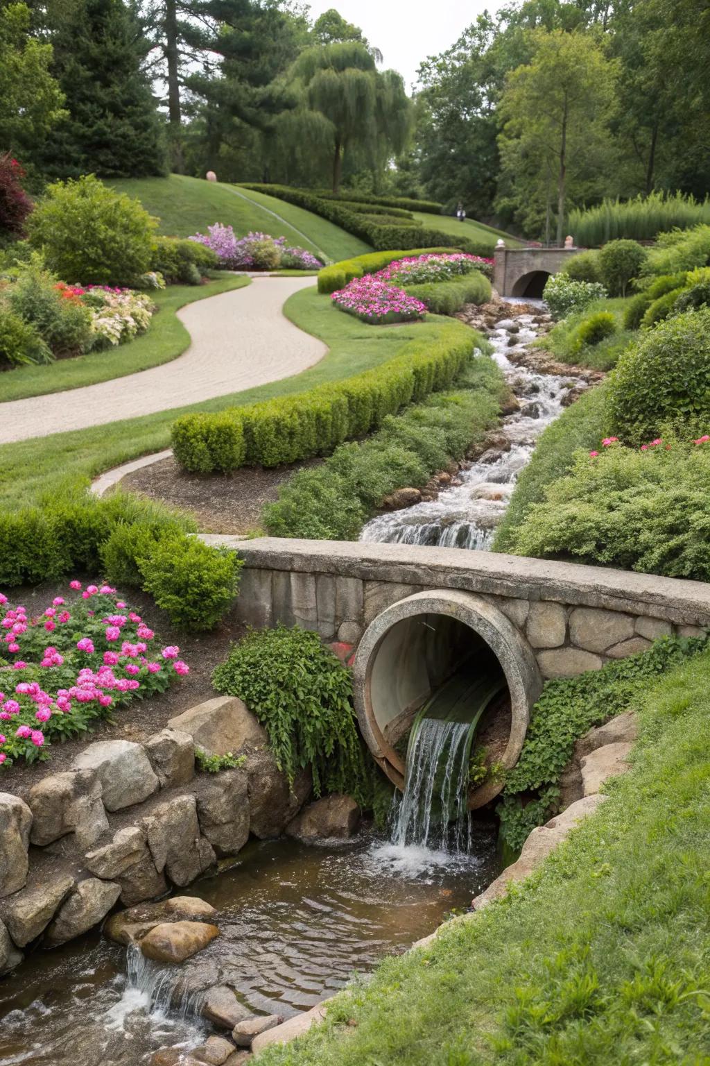 A water feature adds a serene touch to culverts.