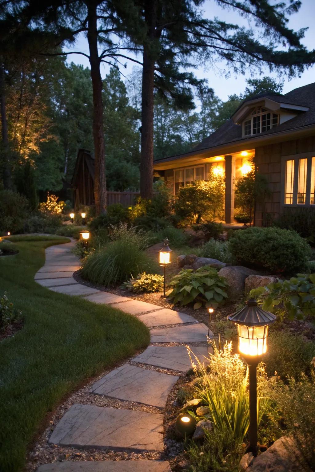 Accent lighting transforms your landscape into a nighttime wonder.