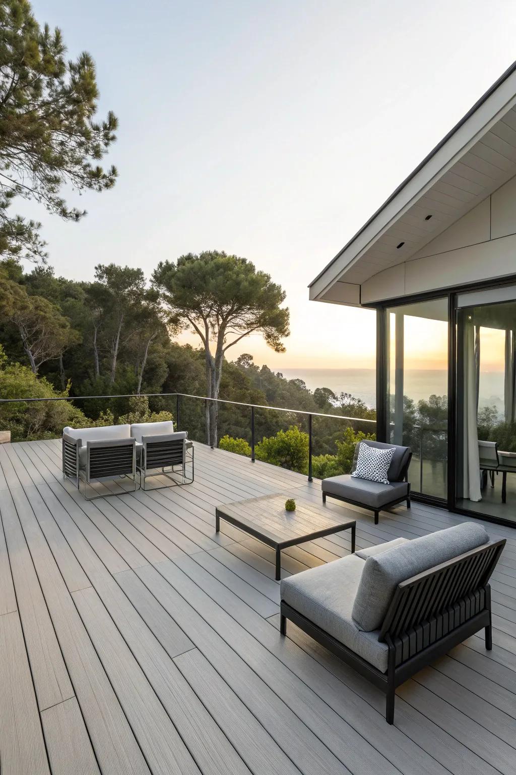 A modern deck design harmoniously blending with its natural surroundings.