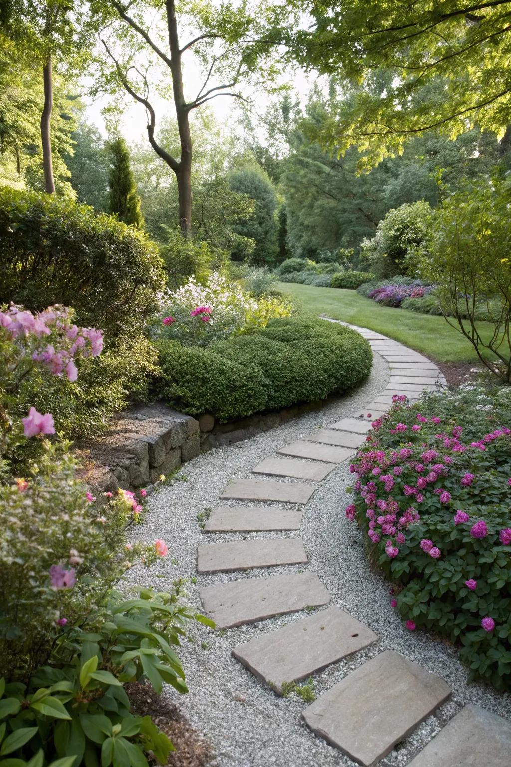 A curved gravel walkway with stepping stones weaving through a garden.