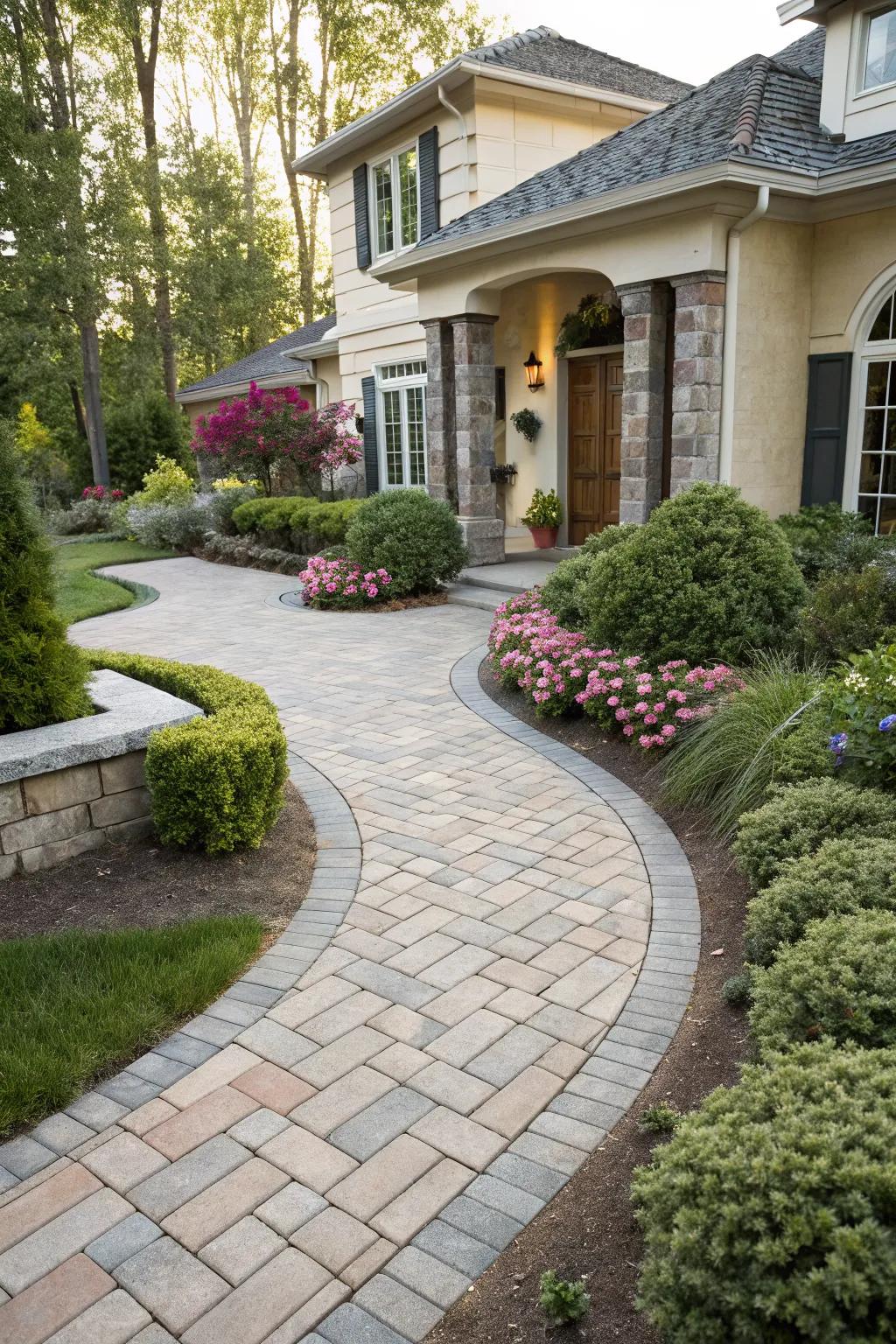 An inviting front yard path leading toward a welcoming home entrance.